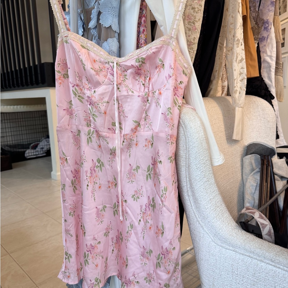 Riley & Rae Pink Floral Slip Dress with Green Accents